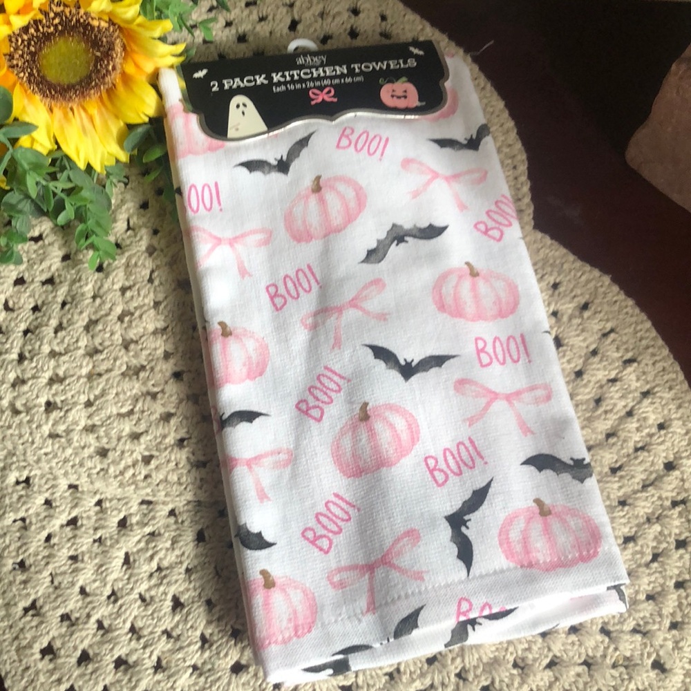 Pink Pumpkin & Bat Print Halloween BOO Kitchen Towels